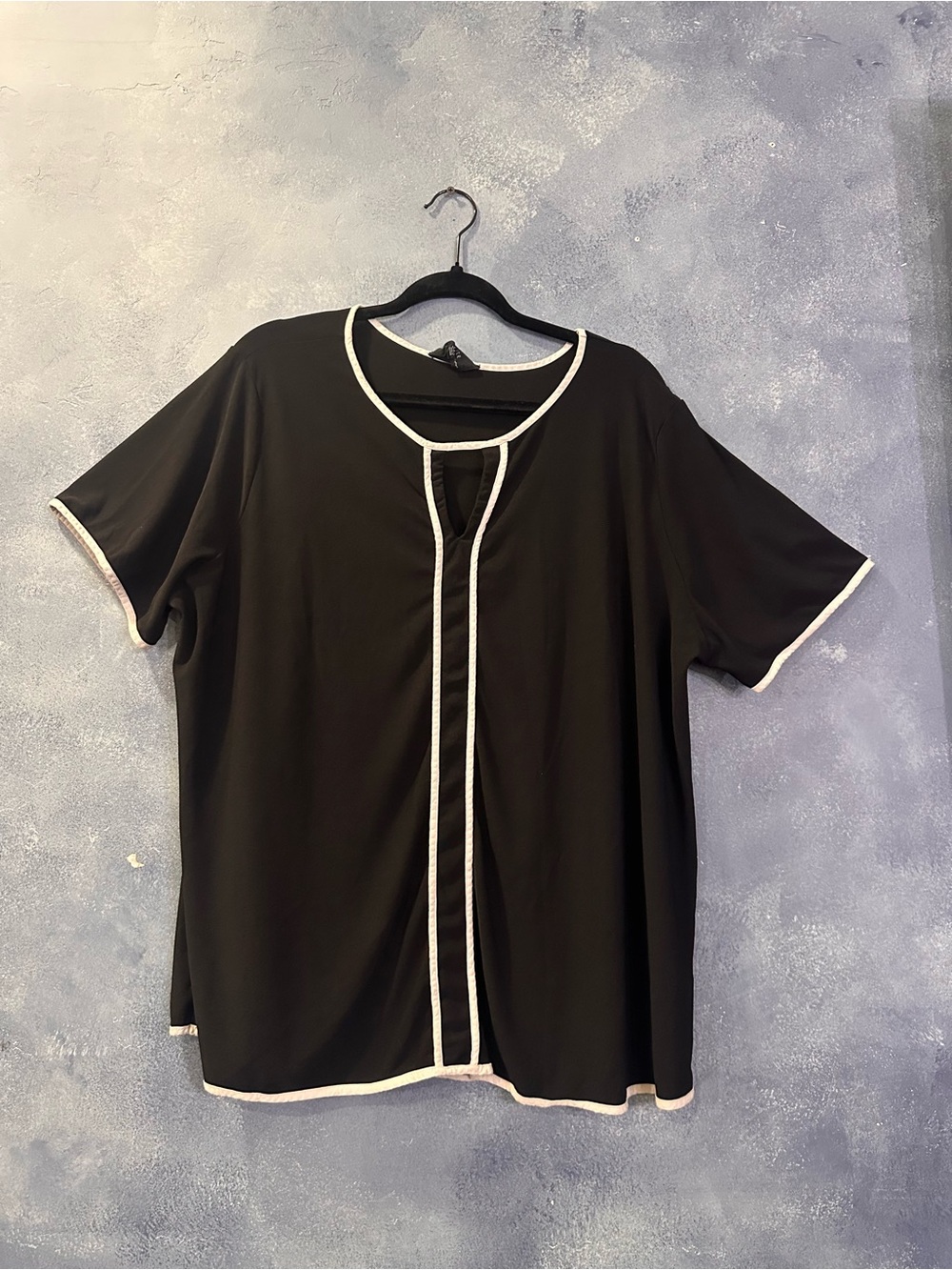 Women's Black Short-Sleeve Blouse with White Piping